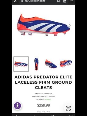 adidas Predator Elite Laceless Cleats - Blue/Orange/White sz 8 mens new in box.